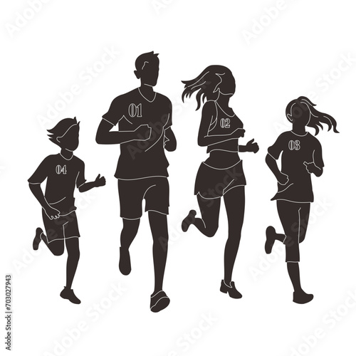 Running people, vector isolated silhouettes. Run, family father,mother and childs