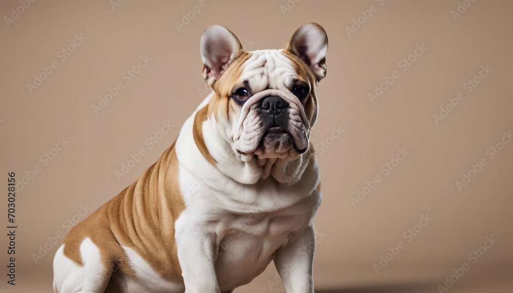 Portrait of a purebred English bulldog sitting on brown background