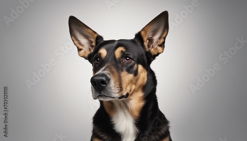 Portrait of a mixed breed dog looking at the camera on a gray background