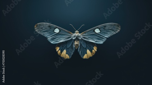  a blue and yellow butterfly sitting on top of a black surface with a light shining on the back of it's wings.