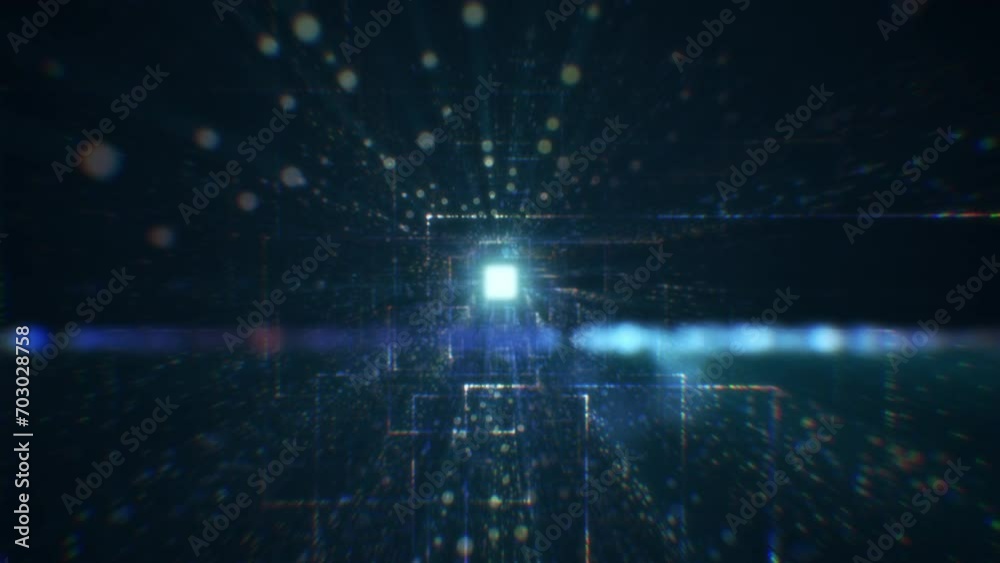 Abstract digital tunnel in cyberspace consisting of particles. Virtual space consisting of a bright stream of geometric shapes
