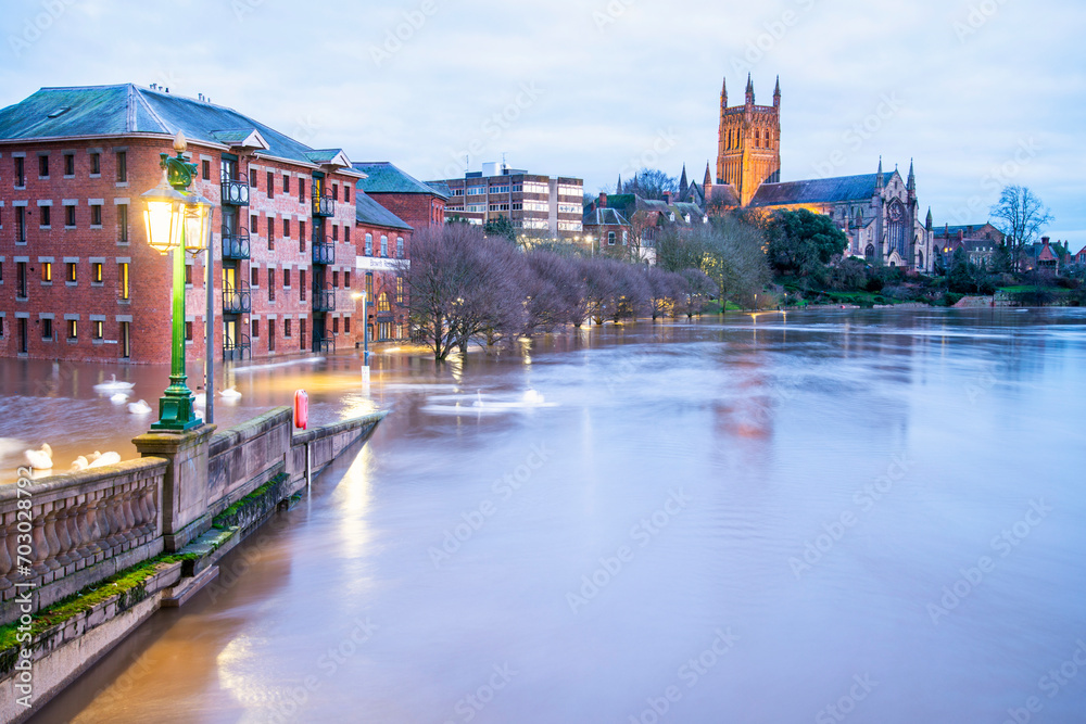 Severe floods on the River Severn,and record high river water levels,alongside Worcester Cathedral,Worcestershire,England,United Kingdom.