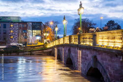 Worcester Bridge and record high river water levels,on the River Severn,after winter rains and storms,Worcestershire,England,United Kingdom.