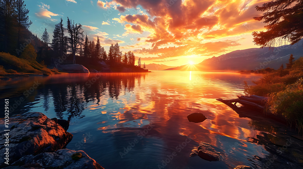 Fototapeta premium Vibrant Sunset Over a Serene Lake