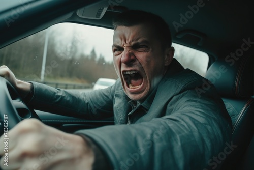 Angry man driving a vehicle. the man screams and swears. aggression and hatred on the road.