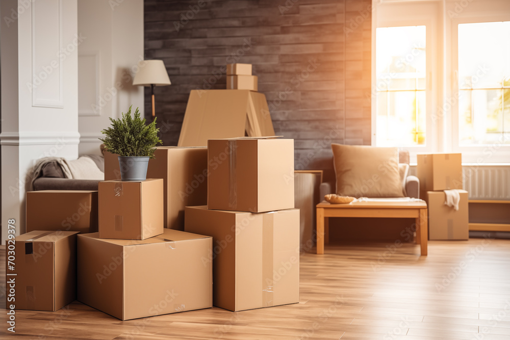 Stack of cardboard boxes with household belongings on wooden floor in living room of old classical style house. Moving to new home. Generative AI Stack of cardboard boxes with household belongings on wooden floor in living room of old classical style house. Moving to new home. Generative AI