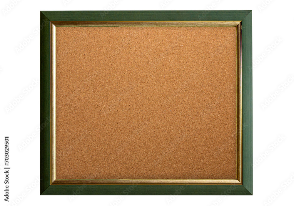 Fototapeta premium Green wooden frame cork board on white background. png isolated background. cork board blank