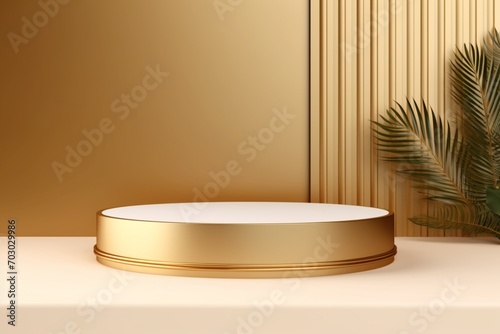 Product podium in golden warm colors for product presentation. Mockup for branding, packaging