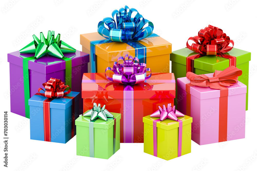 Colored Gift Boxes with bows and ribbons, 3D rendering isolated on transparent background Colored Gift Boxes with bows and ribbons, 3D rendering isolated on transparent background