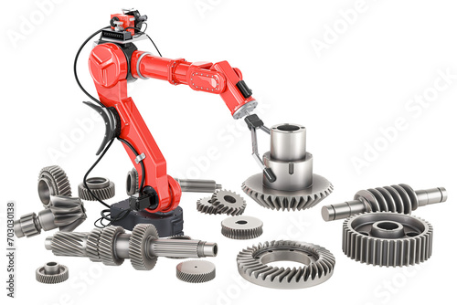 Mechanical arm with gearwheels and cogwheels, AI engineering, concept. 3D rendering isolated on transparent background photo