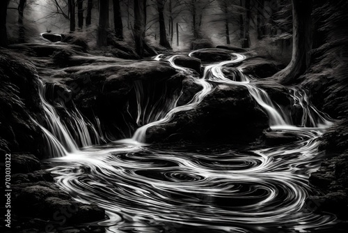 A chaotic collision of liquid black and white, hidden golden pathways.