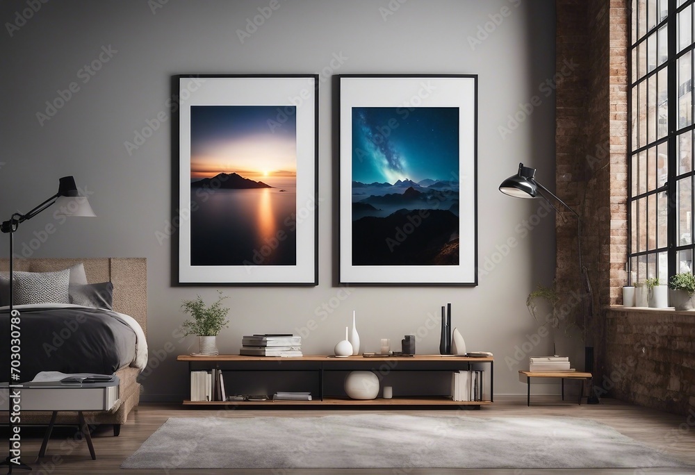 Posters frame template for images in loft interior background Posters frame template for images in loft interior background