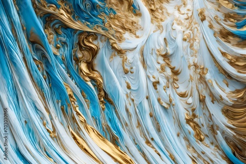 : Liquid gold cascading over a canvas of lightblue and white.