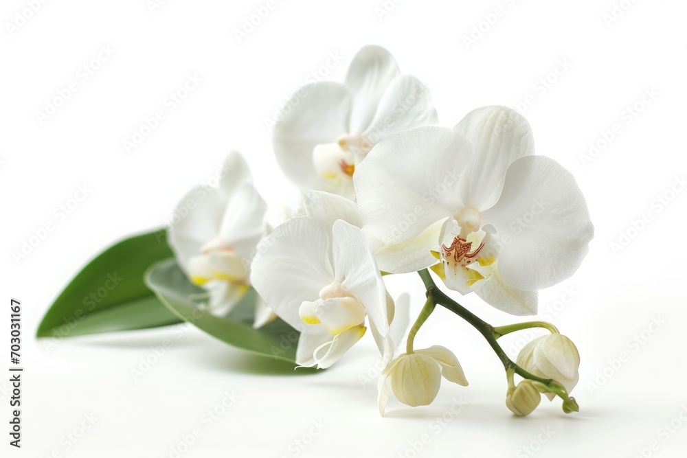 Fototapeta premium Elegant white orchid branch isolated on white, its blooms representing luxury and exotic beauty.