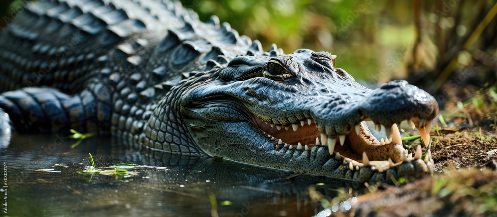 Crocodile in Tulum, Mexico, showing teeth and eating raw meat near a lake with murky water and grass. Strong jaws.