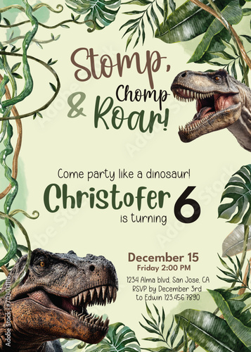 Stomp, Chomp & Roar! Editable T-rex Dinosaur Themed Birthday Invitation!