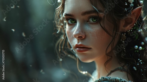 Fantasy shot of a gorgeous elf with green eyes, over the shoulder dress, angel face, calm and cozy face expression, tree shadows
