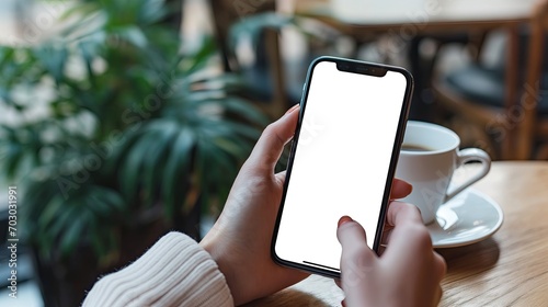 Woman Hand Holding Smart phone Mockup, Coffee Shop Scene, White Blank Screen