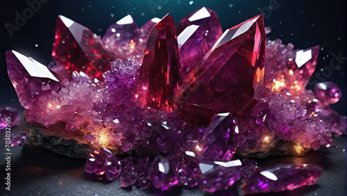 Red rhodolite crystal, glowing, sparkling drusy crystals. photo