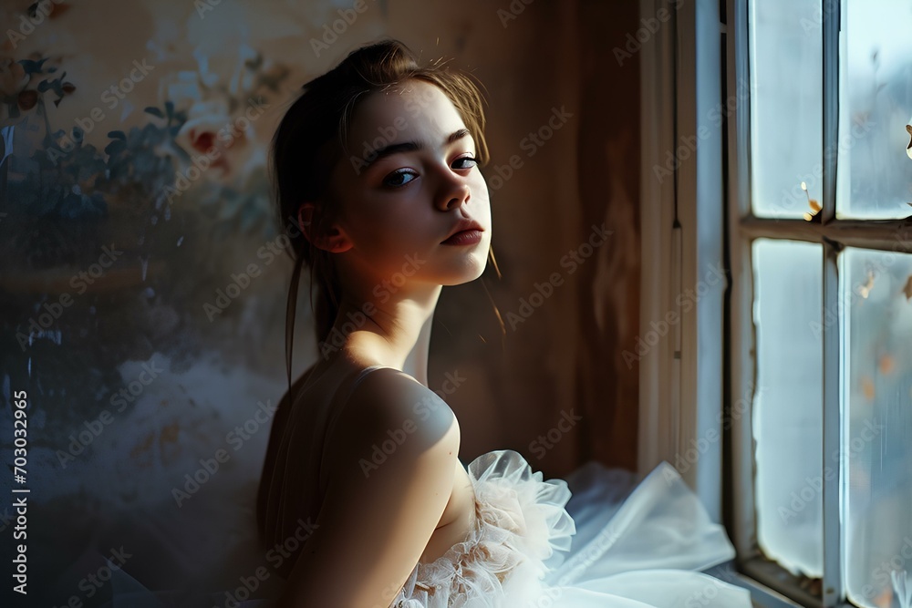 An elegant and lovely teenage girl in a ballerina outfit. dressed a white tutu. generative AI - obrazy, fototapety, plakaty 
