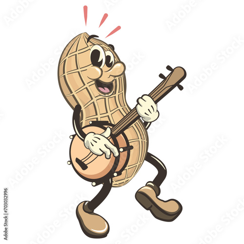 vector vintage illustration of cute peanut character mascot playing banjo