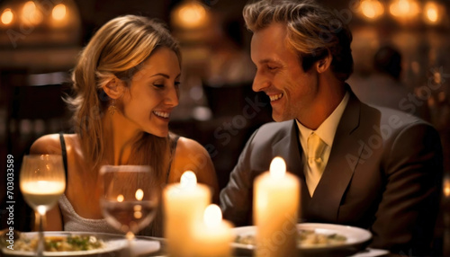 Candlelit Dinner for Two. A couple enjoys a romantic dinner by candlelight, smiling at each other. Valentine's Day.