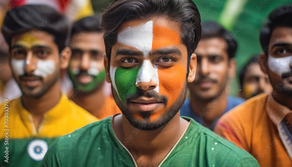Patriotic Supporters with Painted Faces at an Event. Group of young men with faces painted in the colors of the Indian flag, gathered together, symbolizing unity and national pride - obrazy, fototapety, plakaty 