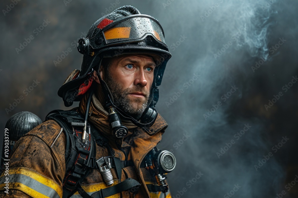 Portrait of a tired firefighter with soot stains on his face and helmet, a deep gaze reflects courage and readiness for action
Portrait of a tired firefighter with soot stains on his face and helmet, a deep gaze reflects courage and readiness for action