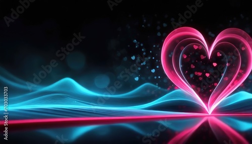 Neon Heart Radiating on a Digital Wave Landscape. Pink neon heart creating ripples on a digital wave landscape with particles and a tech-inspired atmosphere