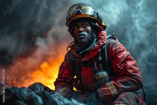 professional firefighter puts out the flames. A burning house and a man in uniform, view from the back. Concept: Fire engulfed the room, danger of arson