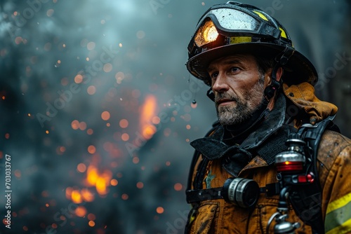 Portrait of a tired firefighter with soot stains on his face and helmet, a deep gaze reflects courage and readiness for action  © Marynkka_muis