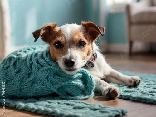 jack russell terrier sitting on a bed