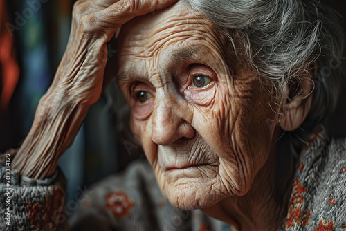 Mujer anciana con gesto de sufrimiento llevandose la mano a la cabeza. concepto de salud mental,soledad photo