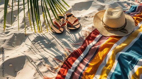 Beach towel, summer hat and sandals on a sandy beach with tropical island palm trees top view photo
