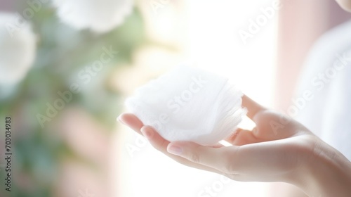 Closeup of a womans hand holding a cotton pad soaked in antiaging serum.