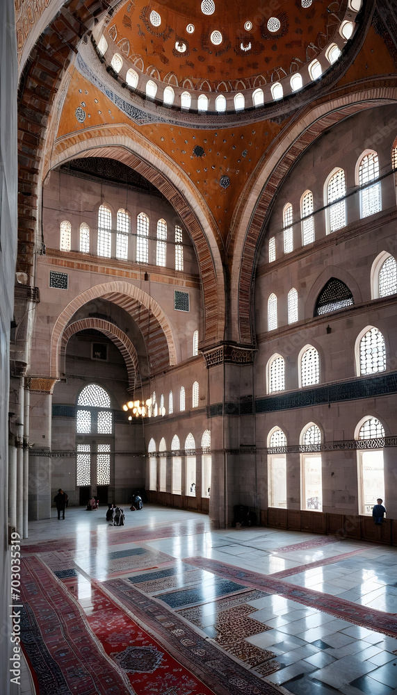 View of the Suleymaniye Mosque from the inside, Istanbul, Turkey.