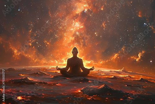 Person meditating with fire backgorund photo