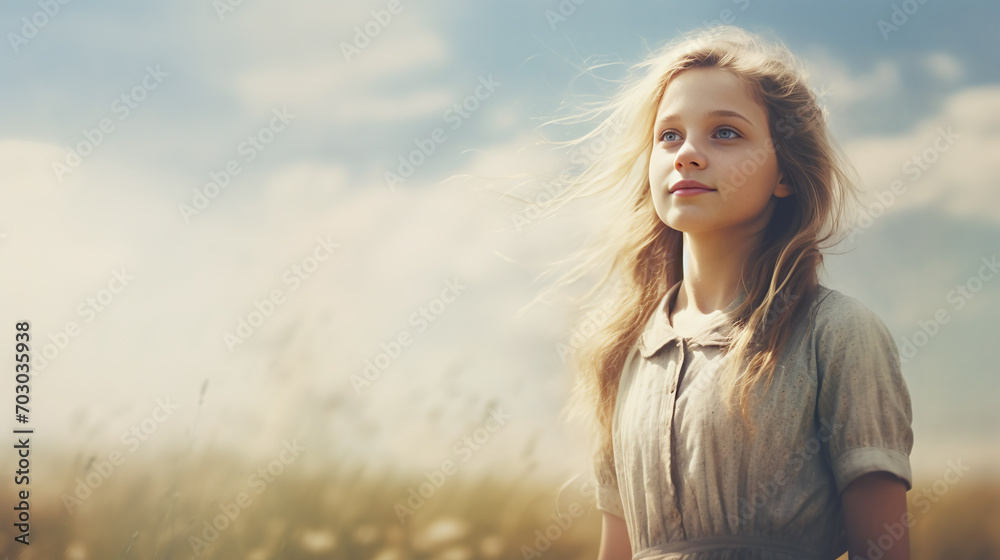 Vintage image of young lady in a prairie