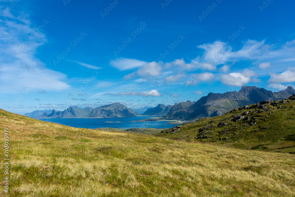 Hiking trail of Mount Ryten to go to Kvalvika Beach in the Lofoten Islands,  Norway