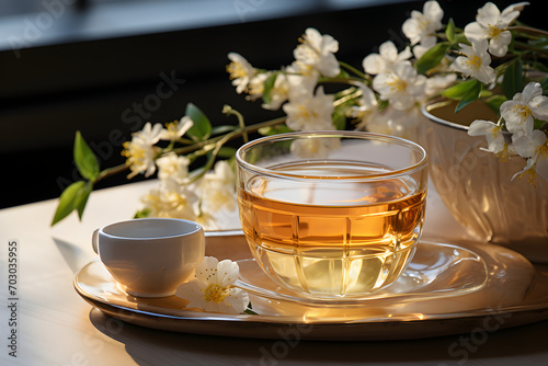 Cup of aromatic jasmine tea with fresh flowers on the table. Organic and natural, herbal hot healthy beverage.