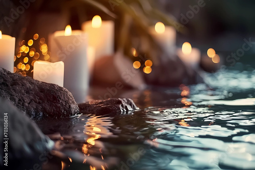 burning candle at the side of spa pool photo