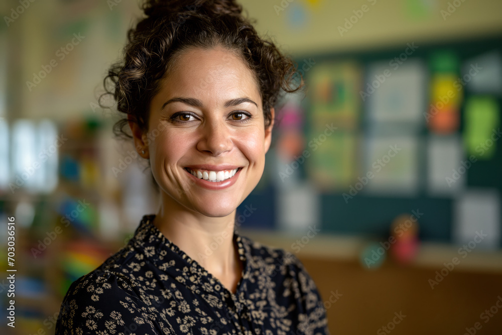 Portrait of an inspiring teacher, set against a classroom backdrop Portrait of an inspiring teacher, set against a classroom backdrop