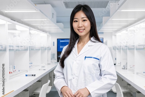 An attractive Korean  japanese  chinese  vietnamese doctor in a medical doctor s office wearing doctor attire with research tools
