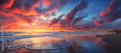 Vibrant sunrise at a beach with blue skies and colorful clouds.