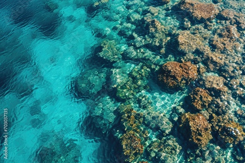 Aerial view of a coral reef texture in tropical waters.