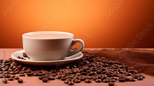 White coffee cup with splashes, coffee beans, and copy space on beige gradient background