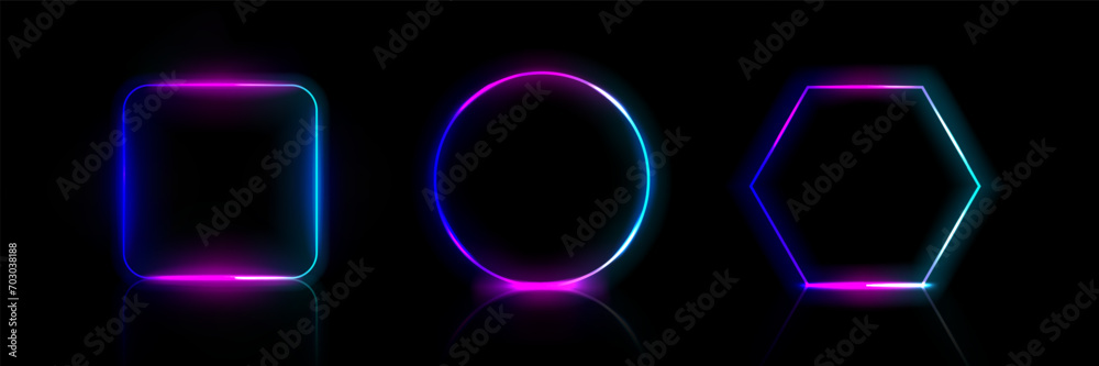geometric shapes, frames, square, circle, hexagon, in neon colors on a dark background