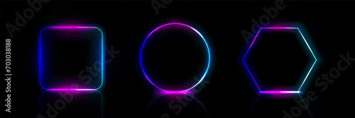 geometric shapes, frames, square, circle, hexagon, in neon colors on a dark background