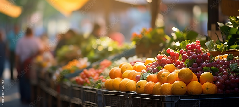 Vibrant farmers  market  softly blurred bokeh background with fresh fruits and colorful beverages