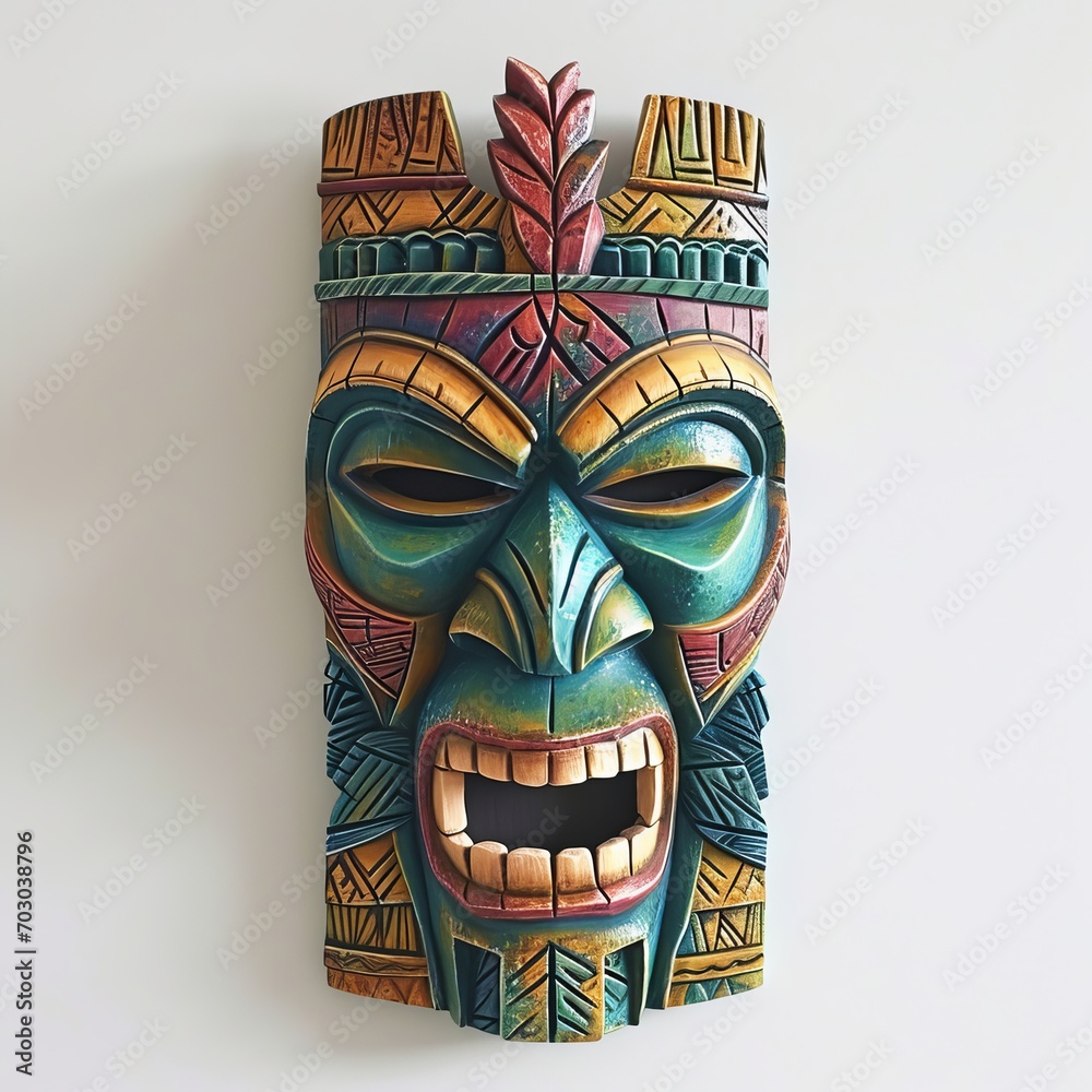 A Rustic Wooden Mask Hanging on a Wall, Tiki Mask A Rustic Wooden Mask Hanging on a Wall, Tiki Mask